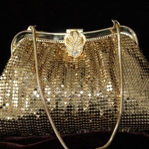 Whiting & Davis Gold Mesh Minaudière Purse W/Jeweled Lift Lock